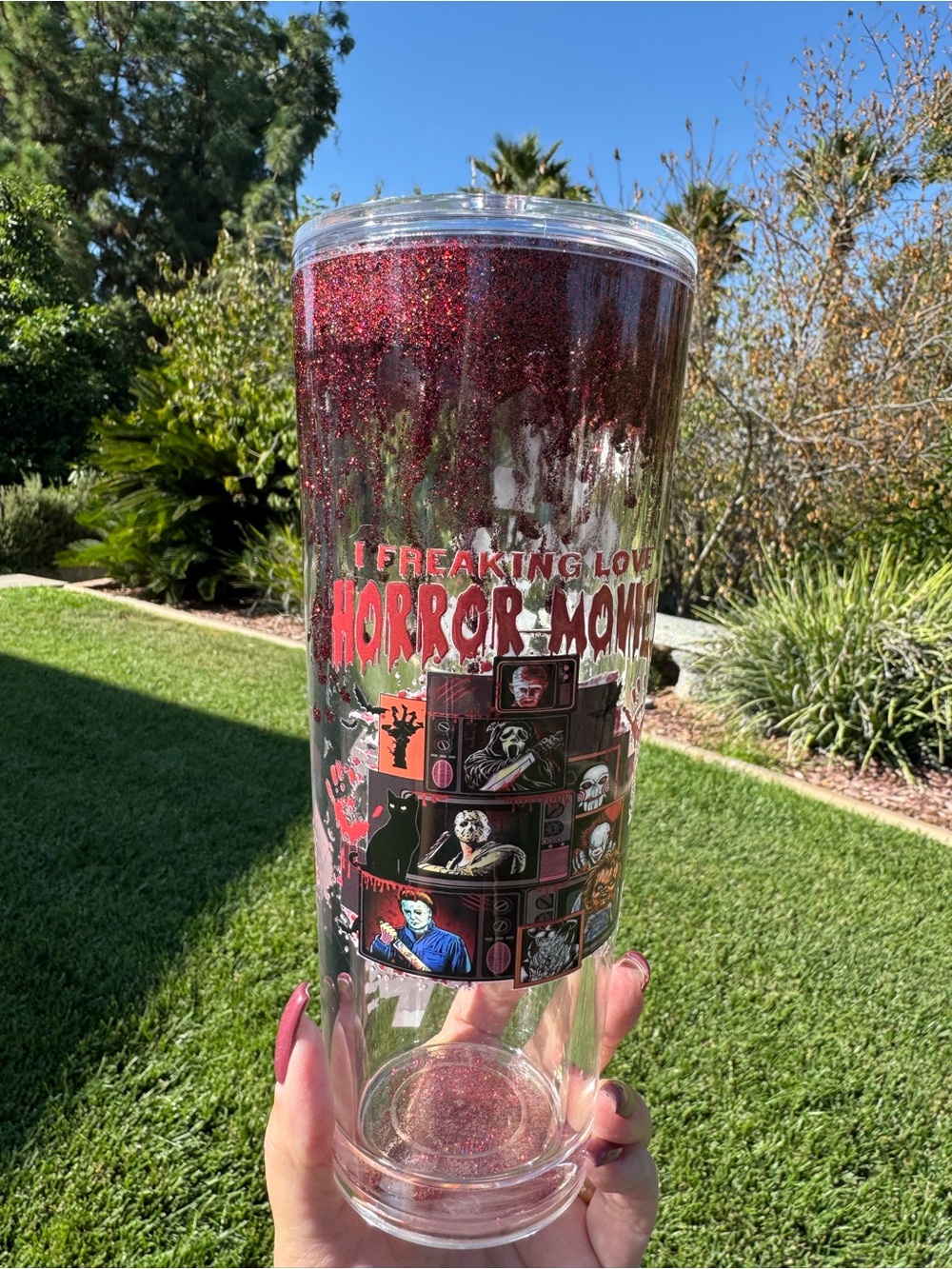 I freaking love horror movies Halloween waterfall snow globe Tumble 24oz